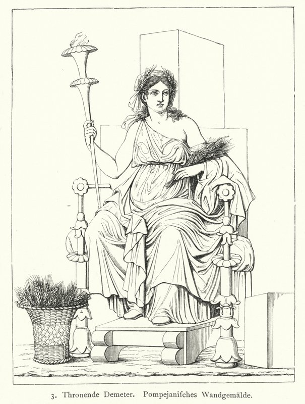 Cérès, déesse romaine de la moisson, sur son trône, peinture murale de Pompéi - German School