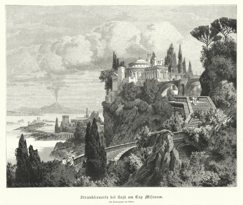 Littoral de la baie de Naples depuis la ville romaine antique de Baiae, Cap Misène, avec le Vésuve au loin - German School