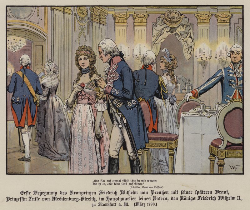 Première rencontre du prince héritier Frédéric-Guillaume de Prusse et de sa future épouse, la princesse Louise de Mecklembourg-Strelitz au quartier général de son père, le roi Frédéric-Guillaume II, à Francfort - German School