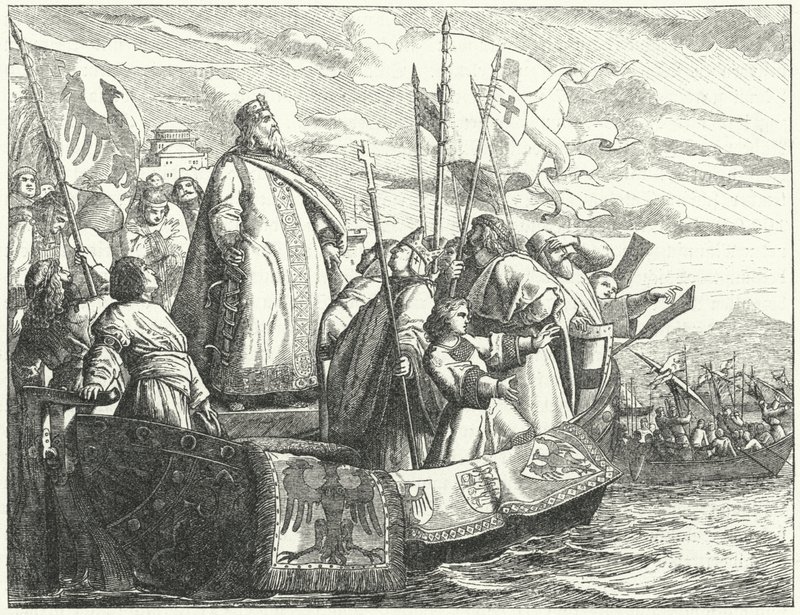 Frédéric Barberousse et son armée traversant le Bosphore lors de la troisième croisade - German School