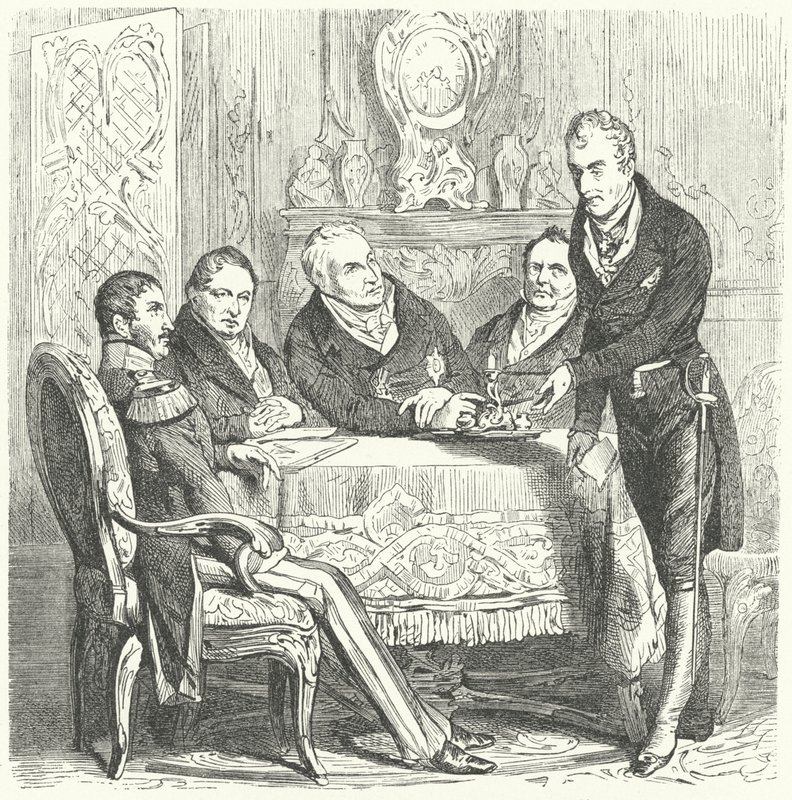 Frédéric-Guillaume III de Prusse en discussion avec son Premier ministre, Karl August von Hardenberg, et Klemens von Metternich, ministre des Affaires étrangères autrichien - German School