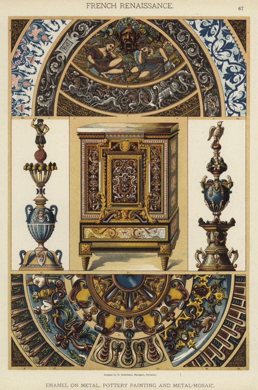 Renaissance française, Émail sur métal, Peinture sur poterie et Mosaïque en métal (lithographie en couleur) - German School