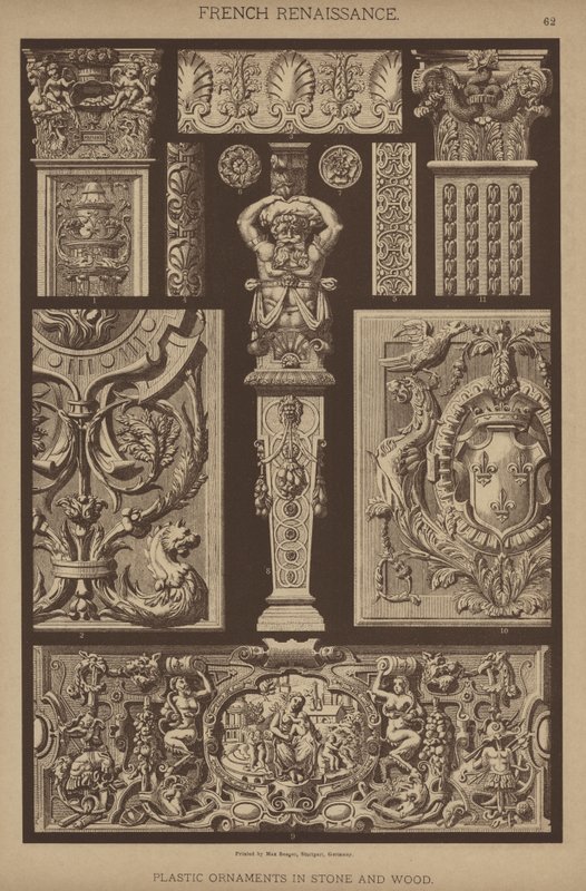 Renaissance française, Ornements en plastique en pierre et bois (lithographie en couleur) - German School