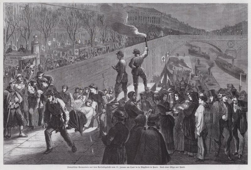 Soldats français blessés lors de la dernière tentative infructueuse de sortir du siège de Paris arrivant au Quai de la Mégisserie, Guerre franco-prussienne, janvier 1871 - German School