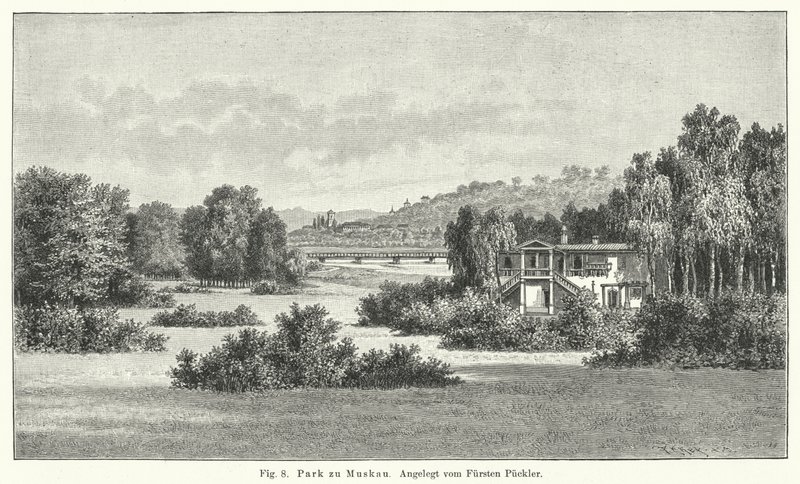 Conception de jardin : parc de Muskau, Allemagne, aménagé par le prince Hermann von Pueckler-Muskau (gravure) - German School