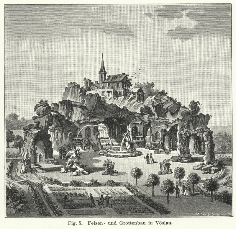 Conception de jardin : montagne de grotte dans le jardin du comte Johann von Fries, Voslau, Autriche - German School