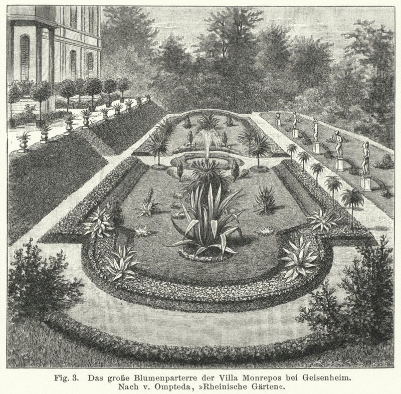 Conception de jardin : grand parterre à Monrepos, domaine du banquier et astronome amateur Heinrich Eduard von Lade, Geisenheim, Allemagne (gravure) - German School