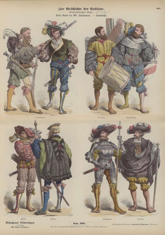 Landsknechte allemands (soldats mercenaires), début du 16e siècle (gravure en couleur) - German School