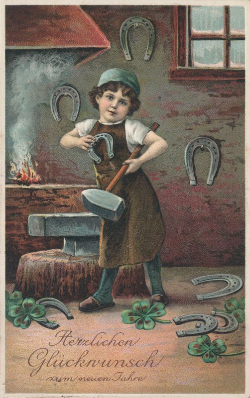 Carte de vœux allemande pour le Nouvel An (lithographie en couleur) - German School