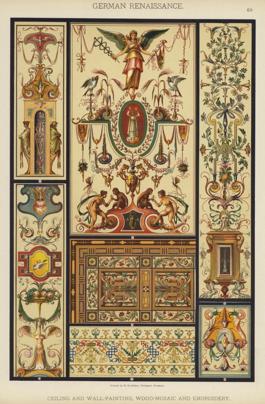 Renaissance allemande, peinture de plafond et murale, mosaïque de bois et broderie - German School