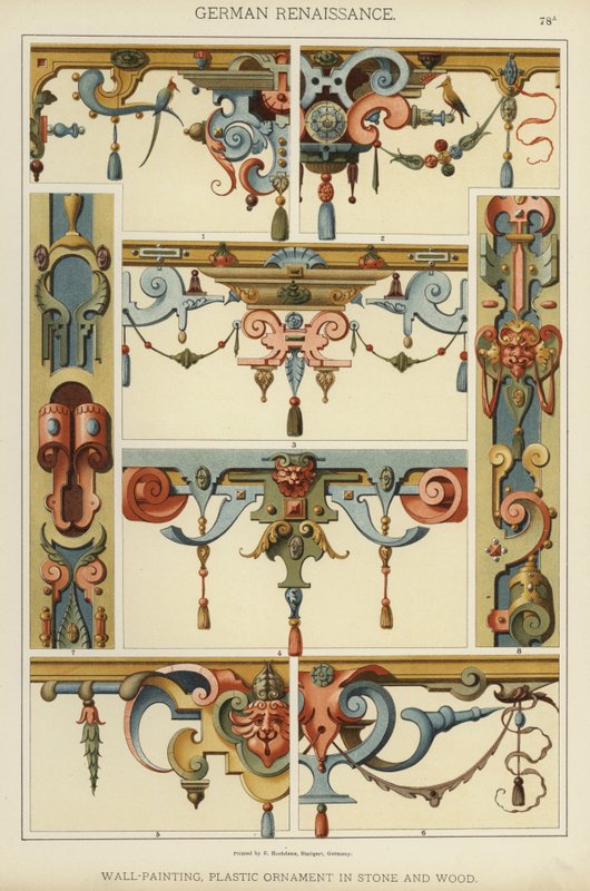 Renaissance allemande, Peinture murale, Ornement plastique en pierre et bois - German School