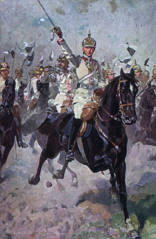 Cavalerie allemande en train de charger (lithographie couleur) - German School