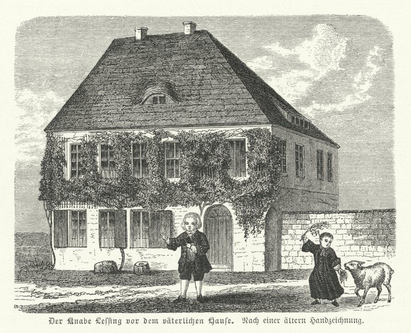 Le philosophe et dramaturge allemand Gotthold Ephraim Lessing devant la maison de son père à Kamenz, enfant (gravure) - German School
