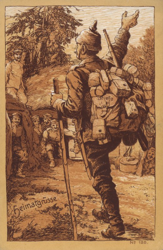 Soldat allemand portant du courrier et recevant un accueil chaleureux à son retour dans son unité (litho) - German School