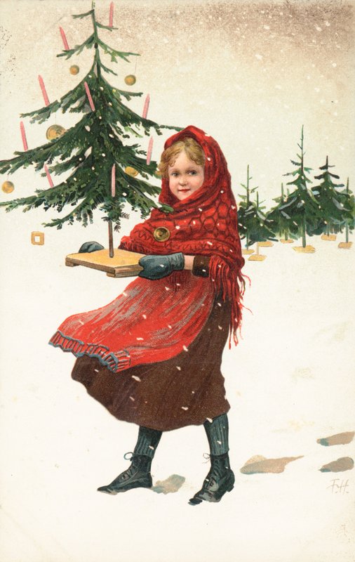 Fille portant un petit arbre de Noël dans la neige - German School