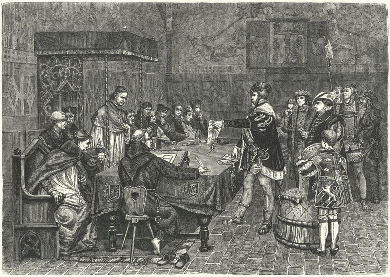 Gustav I Vasa, roi de Suède, confrontant Peter Sunnanvader, évêque de Vasteras - German School