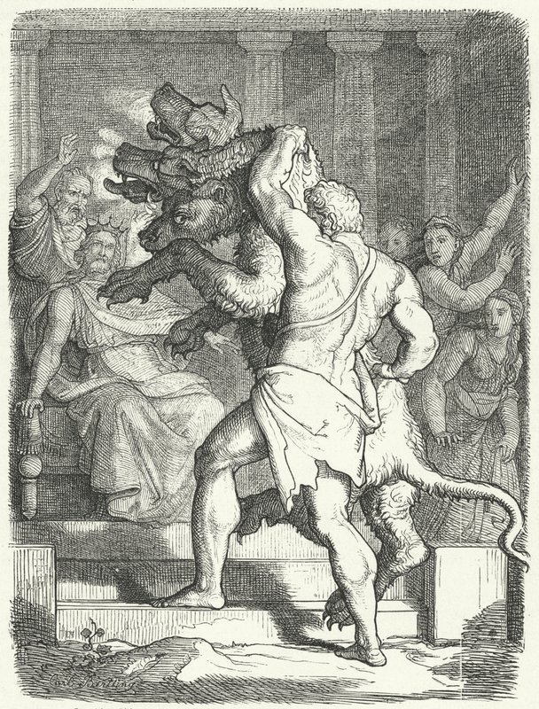 Héraclès apportant Cerbère au roi Eurysthée - German School