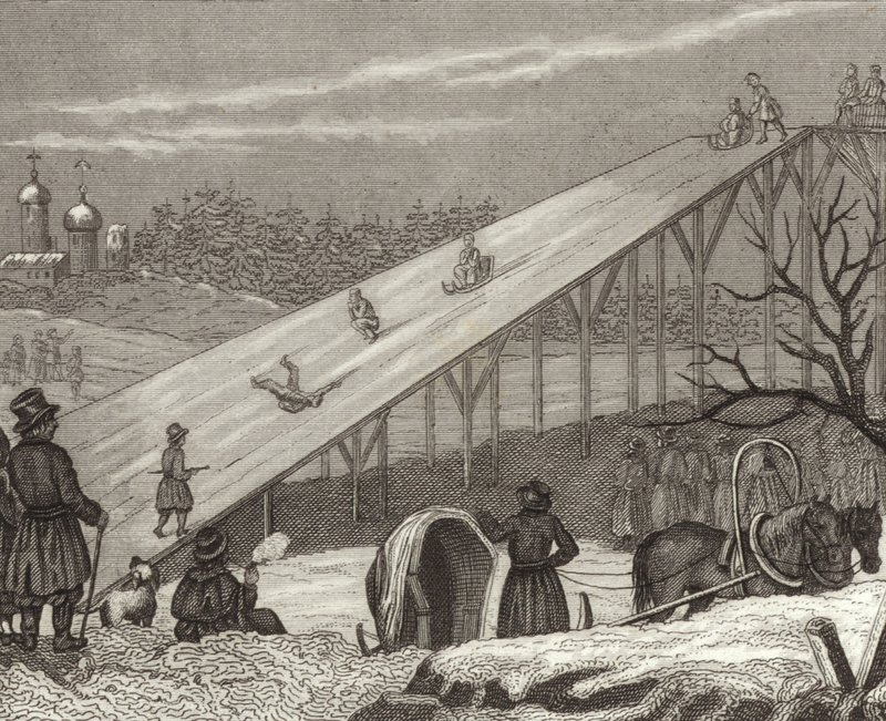 Toboggan de glace en Russie. Illustration pour Bilder-Atlas (gravure) - German School