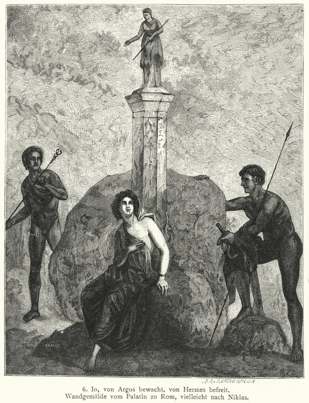 Io, gardée par Argus Panoptes sur ordre de la déesse Héra, observée par Hermès, envoyé par Zeus pour l