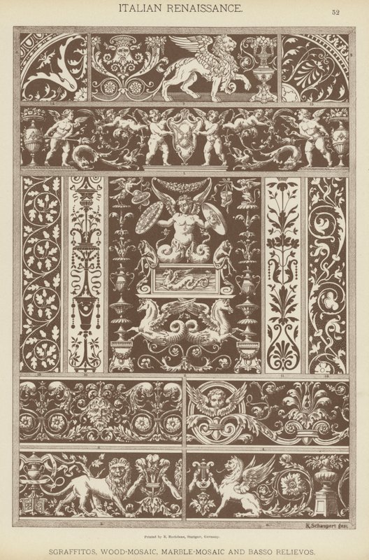 Renaissance italienne, Sgraffites, Mosaïque de bois, Mosaïque de marbre et Bas-reliefs - German School