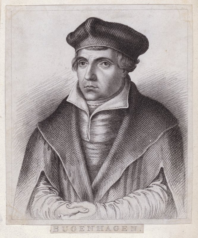 Johannes Bugenhagen, prêtre et théologien allemand qui introduit la Réforme protestante en Poméranie et au Danemark (gravure) - German School