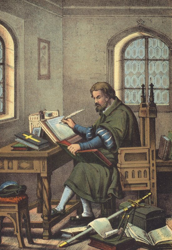 Luther déguisé en Junker Jorg à Wartburg traduction du Nouveau Testament (chromolithographie) - German School