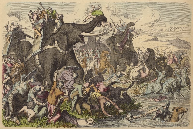 Les Macédoniens utilisant des éléphants de guerre dans une bataille contre les Daces et les Sarmates - German School