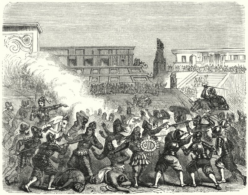 Massacre des guerriers et nobles aztèques à Cholula par les conquistadors espagnols de Hernan Cortes - German School