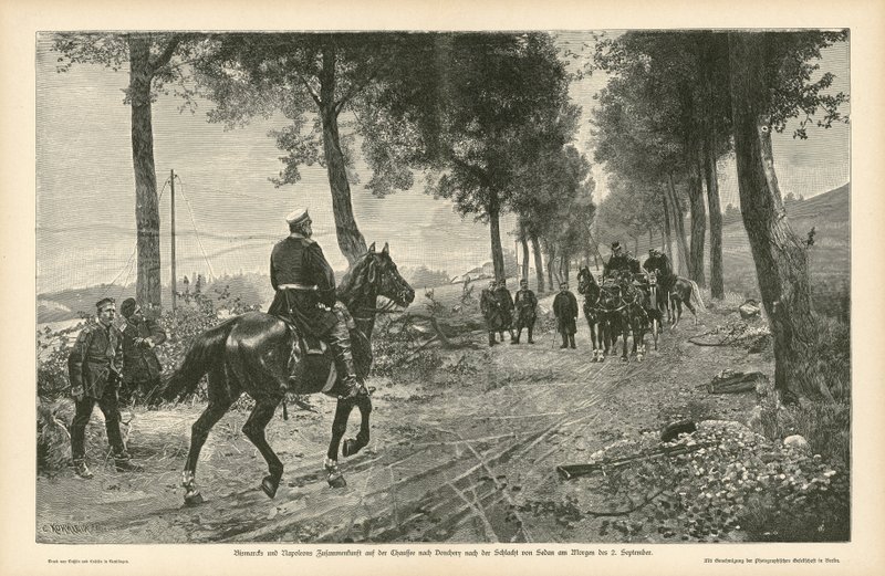 Rencontre de Bismarck et Napoléon III après la bataille de Sedan, guerre franco-prussienne, 2 septembre 1870 - German School