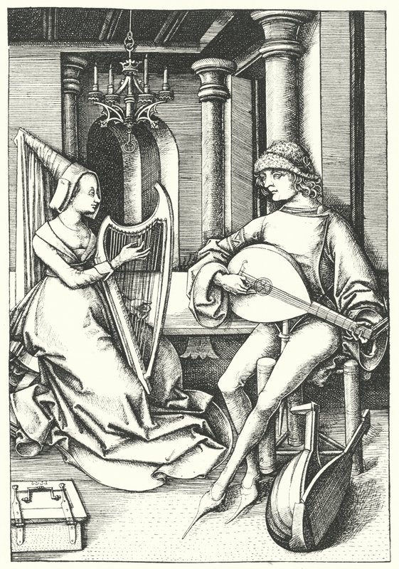 Musiciens jouant du luth et de la harpe dans une maison de campagne au XVe siècle - German School