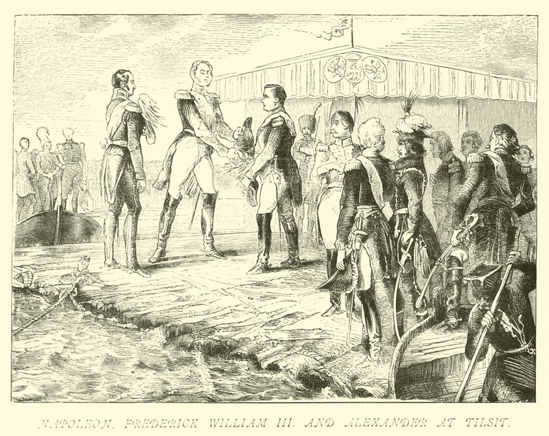 Napoléon, Frédéric-Guillaume III et Alexandre à Tilsit - German School