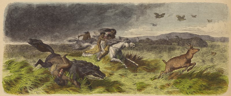 Amérindiens et animaux fuyant un incendie de prairie - German School