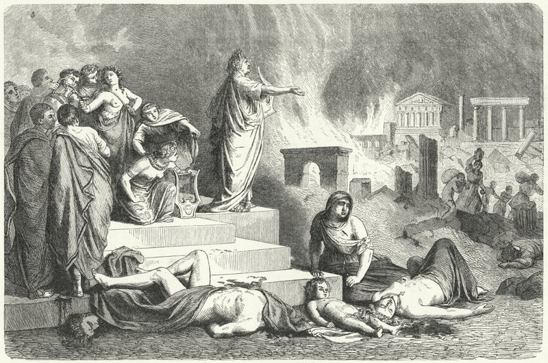Néron pendant le grand incendie de Rome, 64 (gravure) - German School