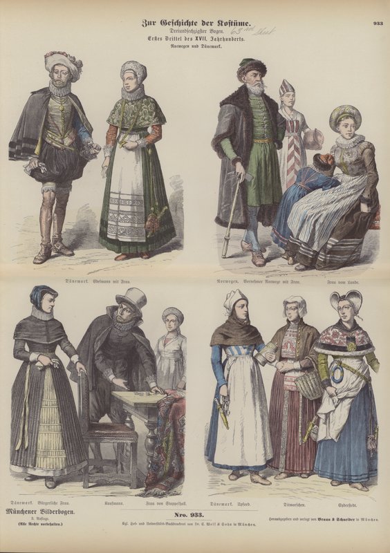 Costumes norvégiens et danois, début du XVIIe siècle (gravure en couleur) - German School