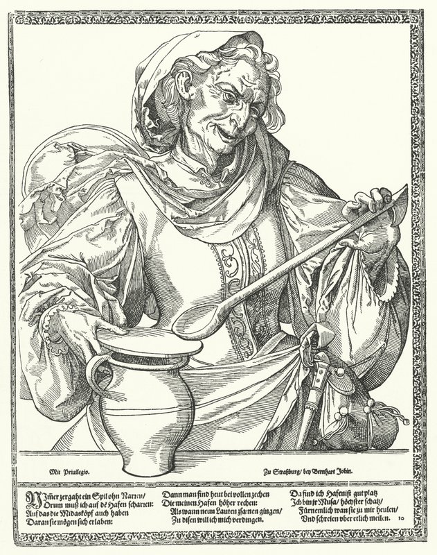 Vieille femme avec une cruche et une cuillère - German School