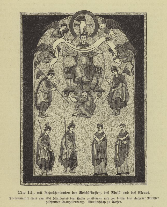 Otto III, empereur du Saint-Empire romain, avec des représentants des princes, de la noblesse et du clergé (gravure) - German School
