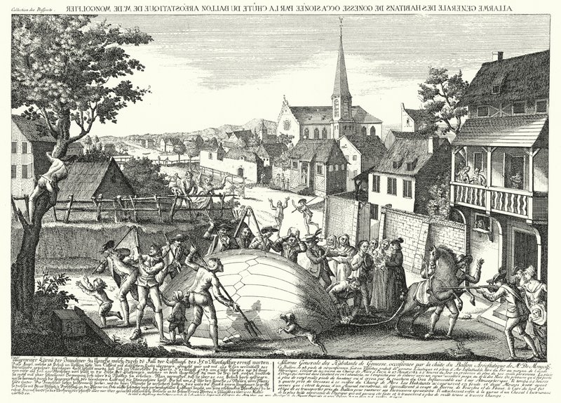 Paysans attaquant le ballon de Jacques Charles et des frères Robert après son atterrissage à Gonesse, le 27 août 1783 (gravure) - German School