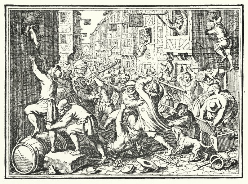 Pillage du Judengasse, le ghetto juif de Francfort, lors du soulèvement de Fettmilch, 1614 - German School