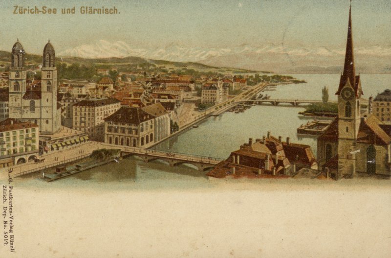 Carte postale représentant une vue générale de la ville de Zurich - German School
