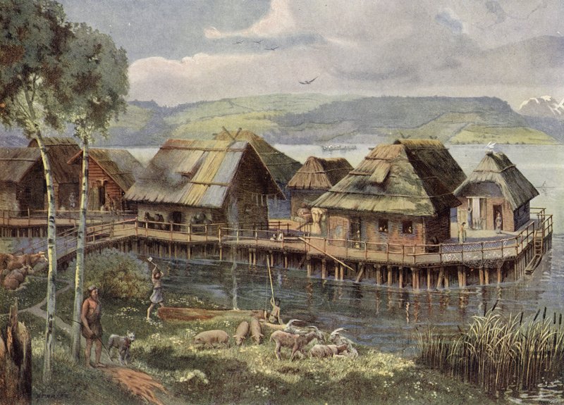 Village lacustre préhistorique européen (lithographie couleur) - German School