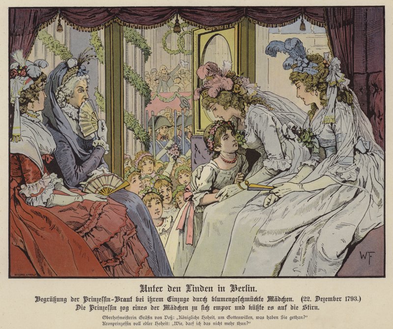 La princesse Louise de Mecklembourg-Strelitz embrassant une des filles alignées sur Unter Den Linden pour saluer son arrivée à Berlin pour son mariage avec le prince héritier Frédéric III de Prusse, 22 décembre 1793 - German School