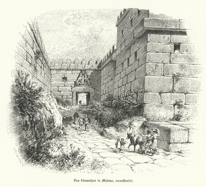 Reconstruction de la Porte des Lions, entrée de la citadelle de Mycènes, Grèce - German School