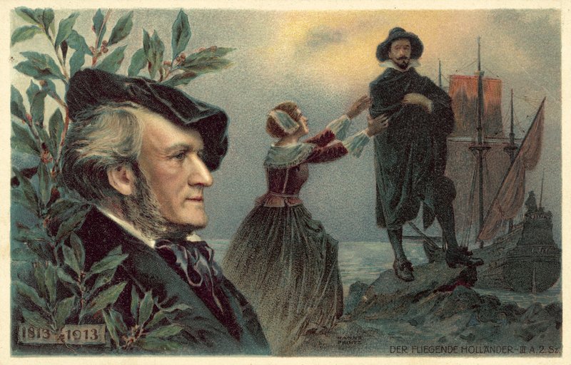 Richard Wagner et une scène de son opéra Le Vaisseau fantôme - German School