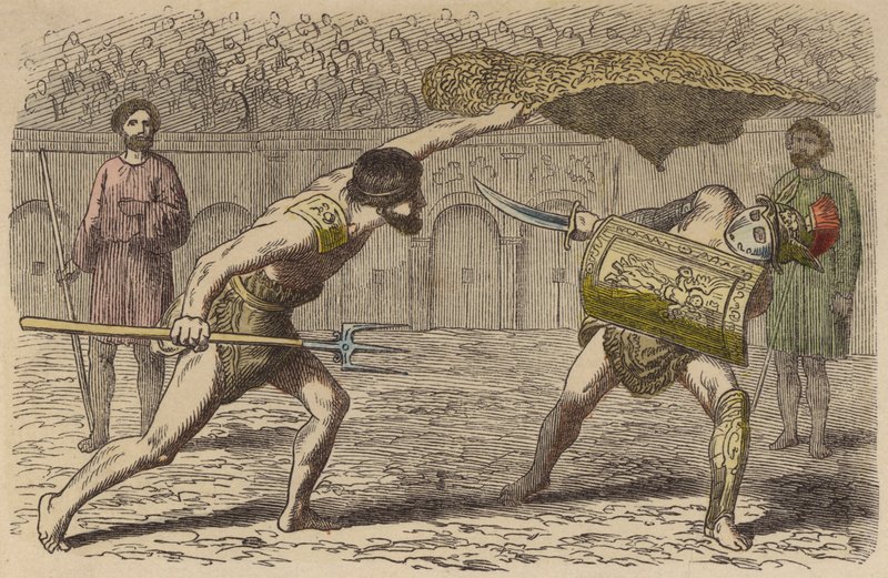 Gladiateurs romains : un rétiaire combattant un Samnite (gravure en couleur) - German School