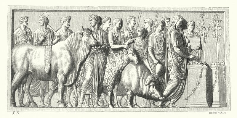 Procession romaine avec des animaux sacrificiels - German School