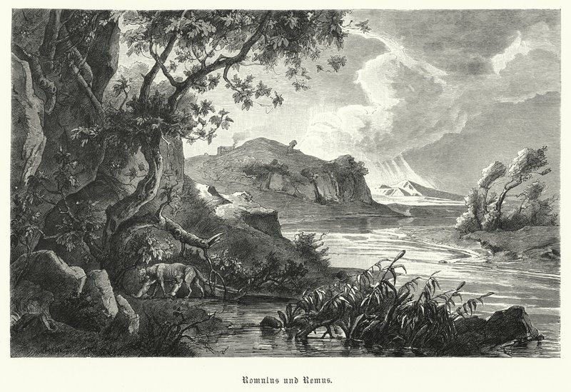 Romulus et Remus, fondateurs légendaires de Rome antique, allaités par la louve dans la nature - German School