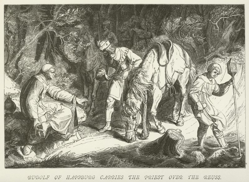 Rodolphe de Habsbourg porte le prêtre sur la Reuss - German School