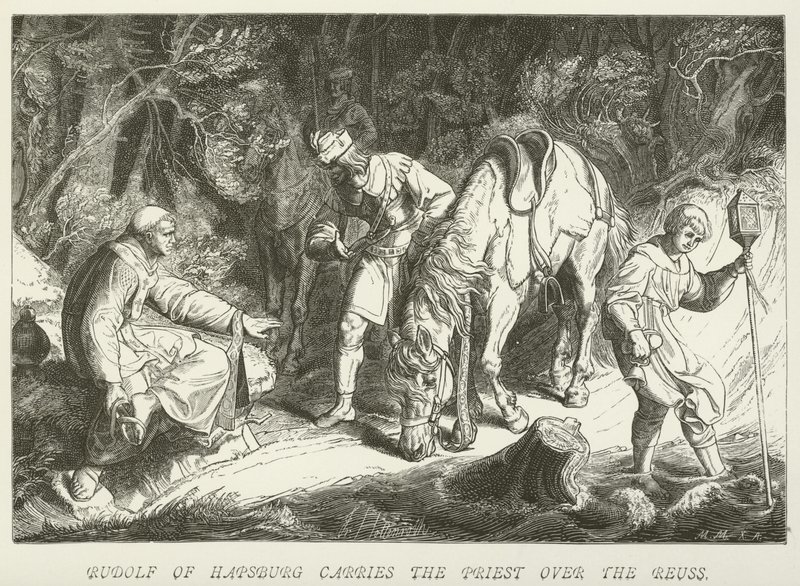 Rodolphe de Habsbourg porte le prêtre sur la Reuss - German School