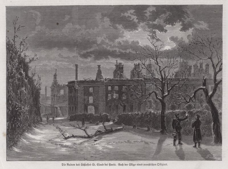 Ruines du Château de Saint-Cloud, Paris, détruit par les bombardements prussiens en 1870 pendant la Guerre franco-prussienne - German School
