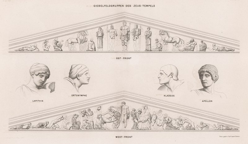 Sculptures des frontons du Temple de Zeus, Olympie, Grèce (gravure) - German School